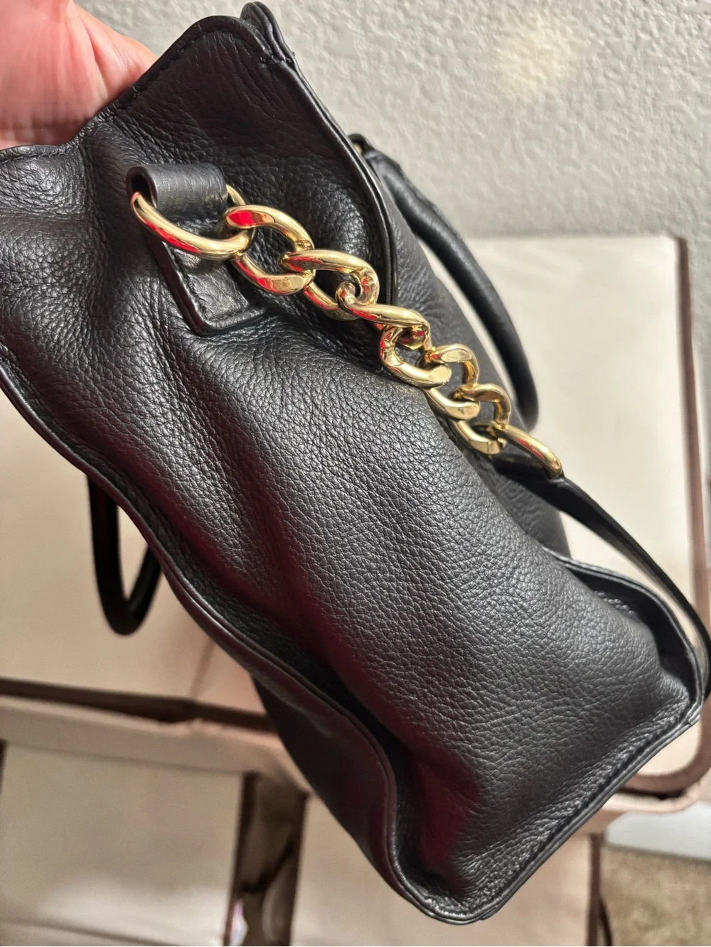 Michael Kors Black Leather Satchel with Gold Plate Accents